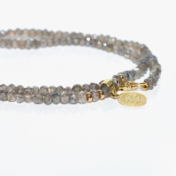 14k Gold Saint Benedict Medal & Labradorite Stone Knotted Necklace - Picture 7 of 8